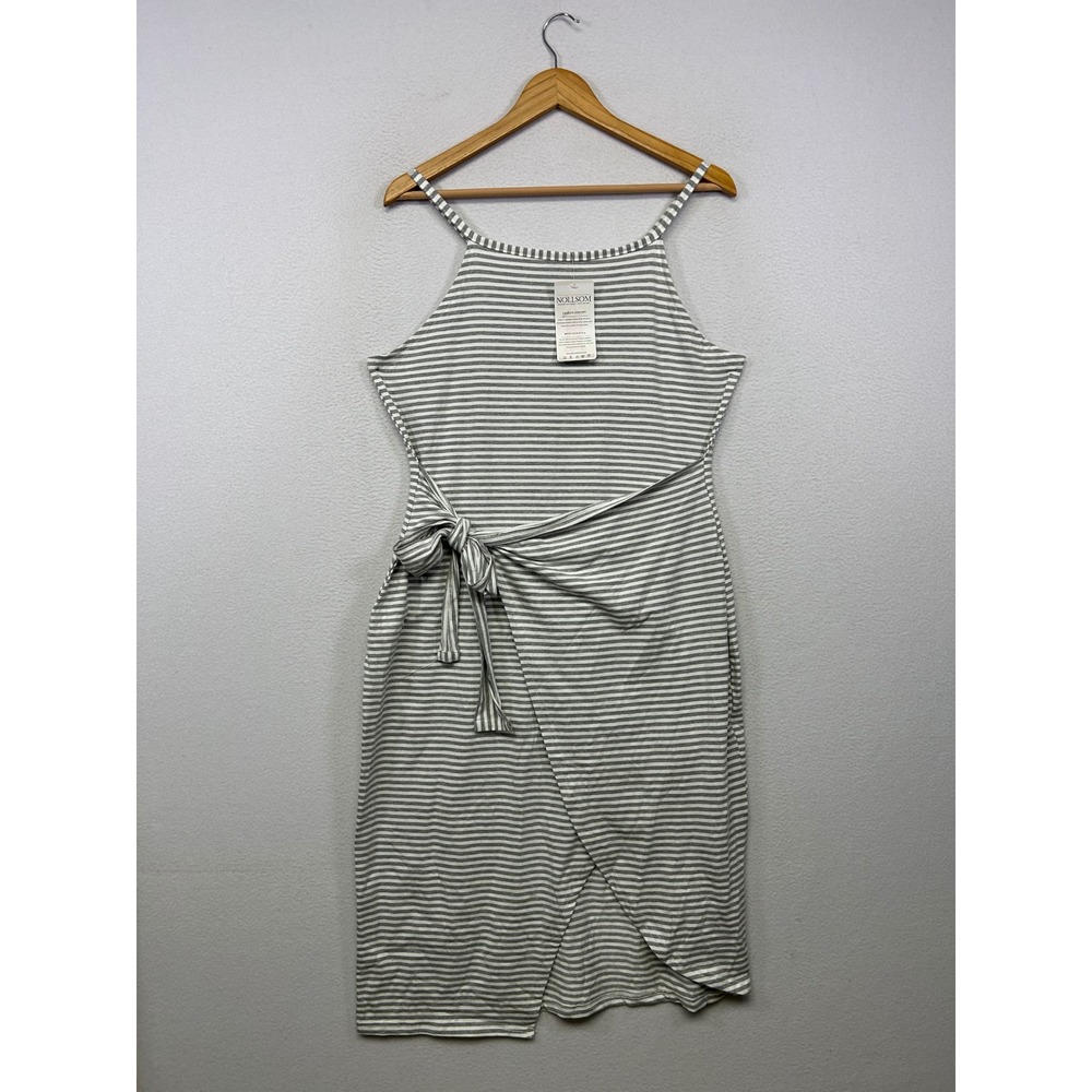 Nautical Coastal Chic Style Women XL Grey White Striped Tie Waist Tulip Dress